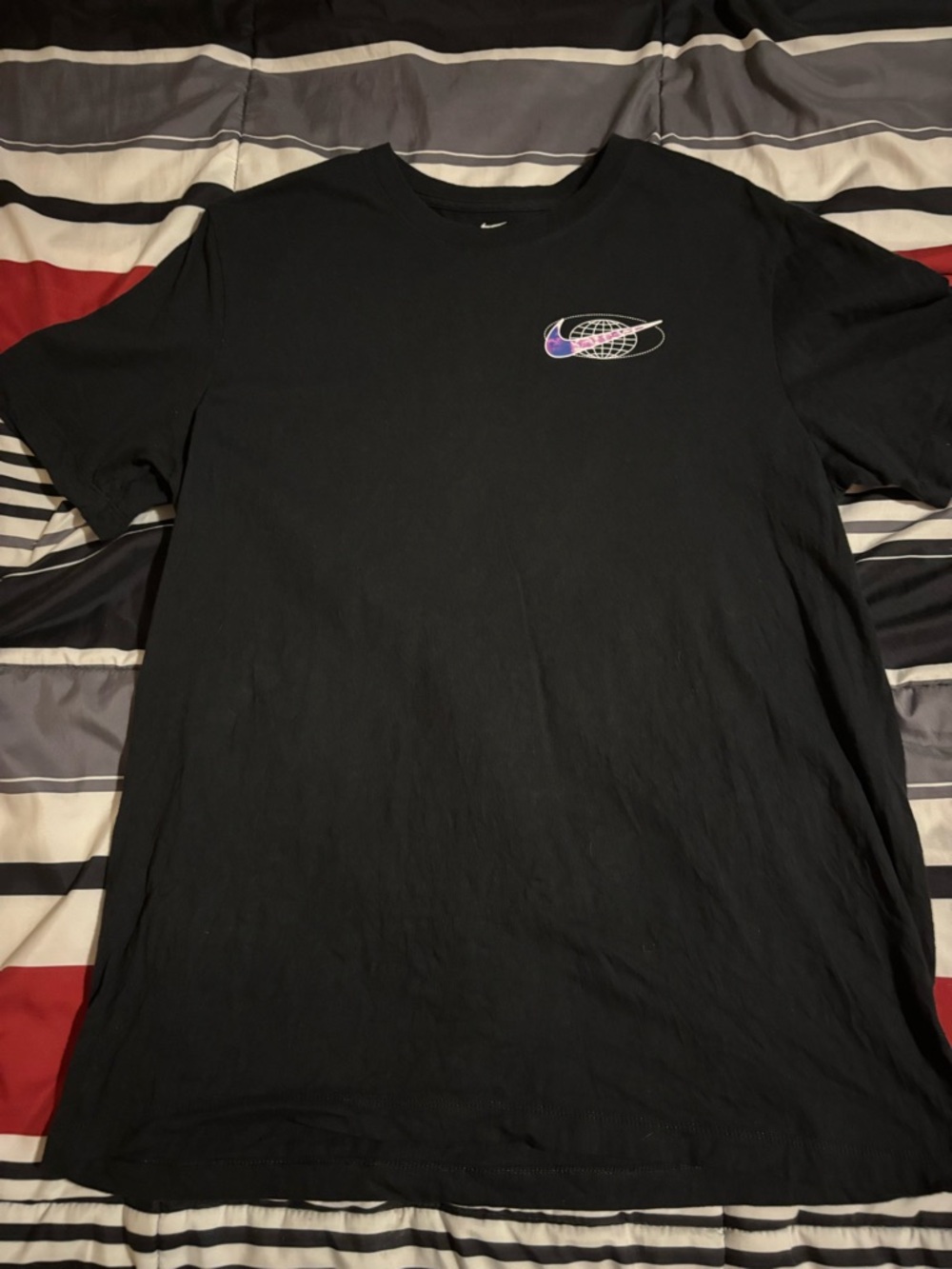 Nike Black Short-Sleeve T-Shirt with Iridescent Swoosh Globe